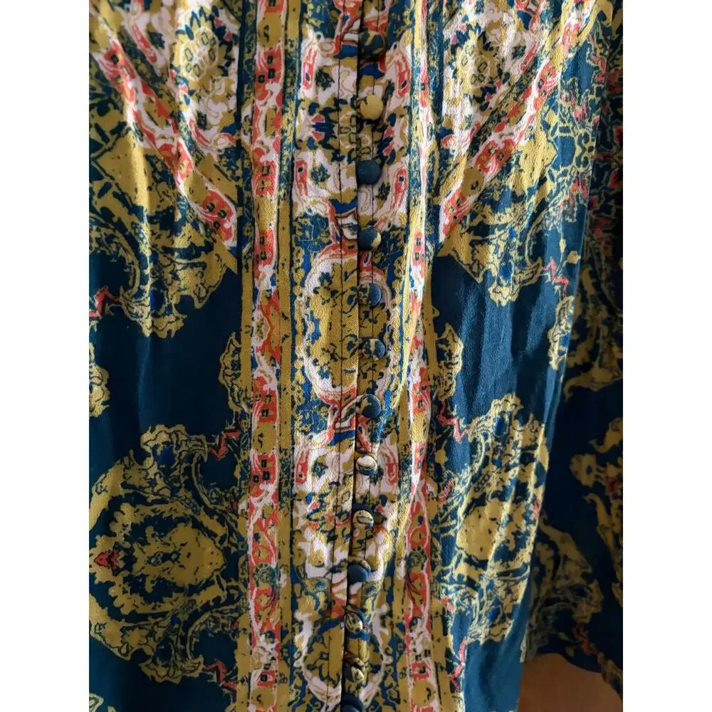 Free People Boho Print Blouse Women's XS Bell Sleeve Tie Neck Peasant Top
